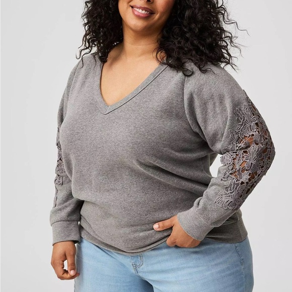 torrid Tops - TORRID Cozy Fleece V-Neck Crochet Sweatshirt